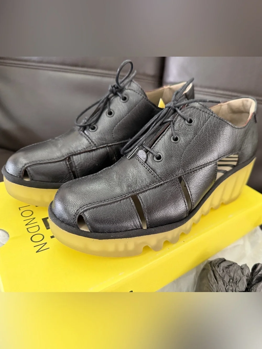 Fly London Black Leather Fisherman Sandal with Beige Rubber Wedge Sole